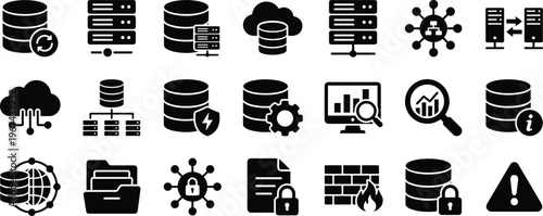 Data Storage and Security Icon Set with Database, Servers, Cloud, Protection, Firewall, and Information Management Symbols for Websites, Apps, and Digital Media Designs
