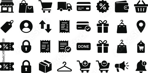 E-commerce and Shopping Icon Set with Cart, Payment, Discounts, Security, User Profile, and Order Status for Websites, Apps, and Digital Media Designs