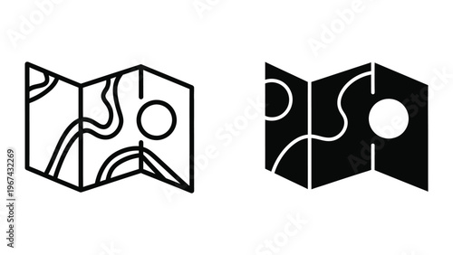 Abstract folded paper design featuring geometric and circular shapes in contrasting colors