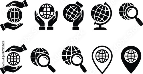 Global Connection Icons Set with Globe, Search, Location, and Earth Symbols for Websites, Apps, and Digital Media Designs