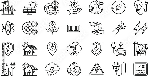 Renewable Energy and Power Icon Set with Wind, Solar, Battery, Electric Vehicle, and Eco-friendly Symbols for Websites, Apps, and Digital Media Designs
