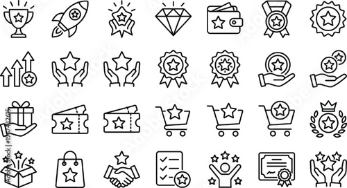 Reward, Achievement, and Recognition Icons Set with Star, Trophy, Medal, Gift, Shopping, and Loyalty Symbols for Websites, Apps, and Digital Media Designs