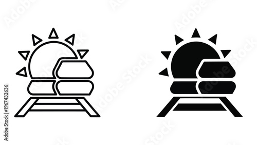 Contrast between a light outline and a filled black icon of a chairlift with sun symbol