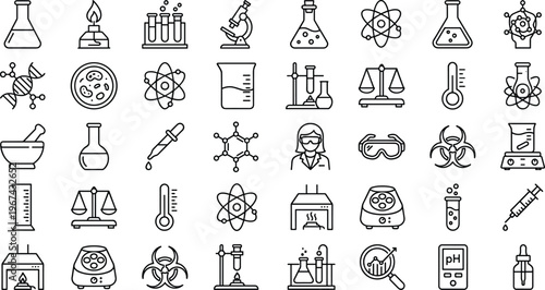 Science and Laboratory Icon Set with Flask, Microscope, Atom, Chemical, Scientist, Hazard, and Medical Symbols for Websites, Apps, and Digital Media Designs