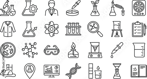Science and Research Icon Set with Microscope, Flask, Scientist, Chemical, DNA, Lab Coat, and Laboratory Tools for Websites, Apps, and Digital Media Designs