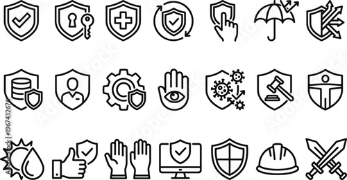 Security and Protection Icon Set with Shield, Lock, Virus, Legal, Health, Database, and Safety Symbols for Websites, Apps, and Digital Media Designs
