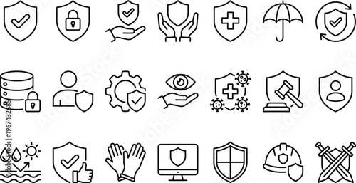 Security, Protection, and Safety Icon Set with Shield, Lock, Database, Health, Legal, and Risk Management Symbols for Websites, Apps, and Digital Media Designs