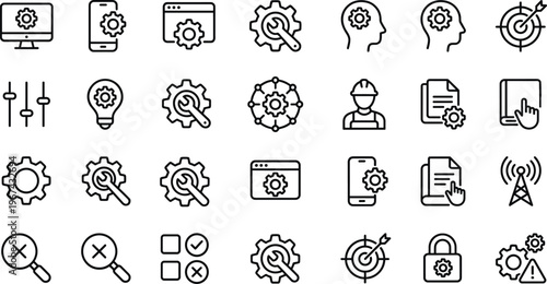 Technology and Network Settings Icons Set with Gears, Search, Configuration, Security, and System Monitoring Symbols for Websites, Apps, and Digital Media Designs