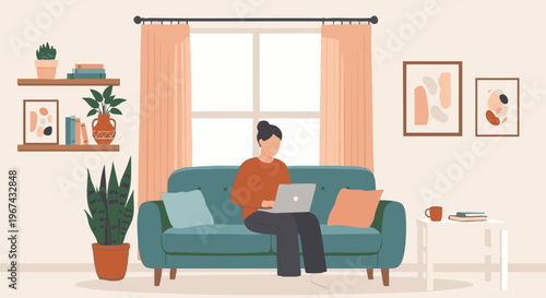 Woman working on laptop from home, sitting on sofa in cozy living room interior