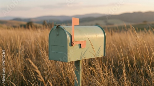 A vintage mailbox stands alone in a field of tall golden grass with rolling hills and a soft sunset in the background.
