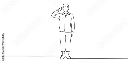 Male soldier in uniform salutes with his right hand, depicted in a continuous one-line drawing style