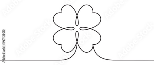 Continuous line drawing of a four-leaf clover with heart-shaped leaves, symbolizing good luck and fortune