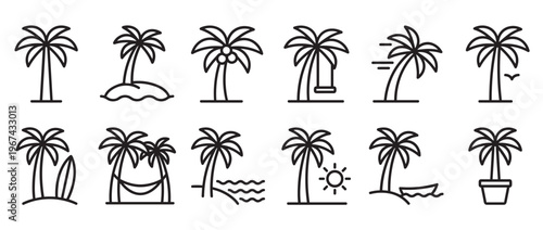 Collection of twelve black outline palm tree icons depicting various tropical scenes and elements, presented with a clean, minimalist style