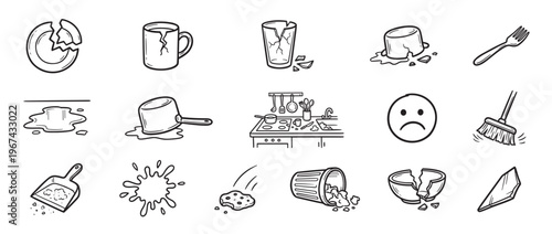 Collection of hand-drawn kitchen accident icons showing broken dishes, spilled liquids, and a messy cooking area