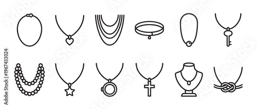 Various black outline necklace icons with different pendants and styles are neatly arranged in rows