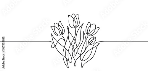 Beautiful continuous line art drawing of a bouquet of tulips with elegant stems and leaves, rendered in a minimalist style