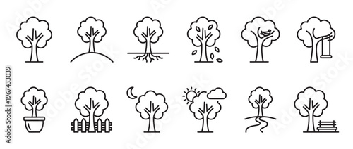 Collection of simple line art tree icons depicting various scenes and elements of nature and outdoor life