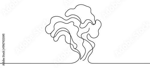 Single continuous line drawing of a stylized tree with a flowing, organic canopy and a simple trunk