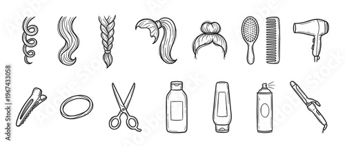 Various hand-drawn black and white hair care tools and hairstyles are neatly arranged in a clean, graphic illustration