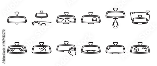 Collection of black outline icons depicting various car rearview mirrors and their reflections, presented in a clean, minimalist style