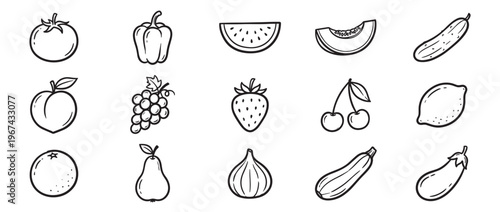 Collection of hand-drawn black and white outline illustrations of various fruits and vegetables in a simple, clean style