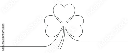 Single continuous line drawing of a three-leaf clover, symbolizing good luck and nature, with a minimalist aesthetic