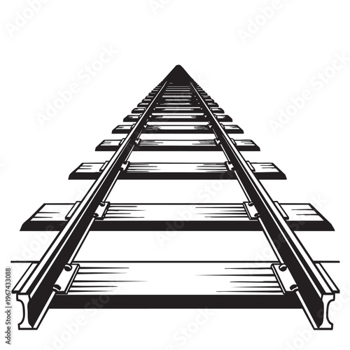 Railroad tracks receding into distance perspective view black and white vector illustration of industrial transport path with wooden sleepers and steel rails for travel design