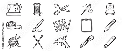 Collection of hand-drawn black and white craft and art supplies, including sewing machine, yarn, paint, and pencils, in a flat lay style