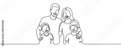 Happy family of four, including parents and two children, is depicted in a continuous line art drawing with smiling faces