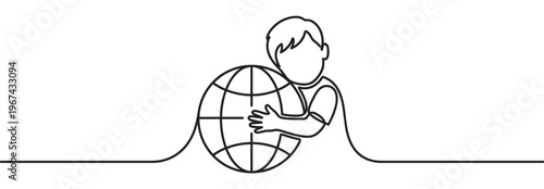 Continuous line drawing of a person hugging a globe, symbolizing care and environmental protection