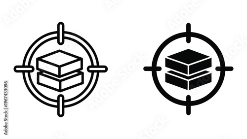 Contrast between outlined and filled 3d cube icons within circular target frames