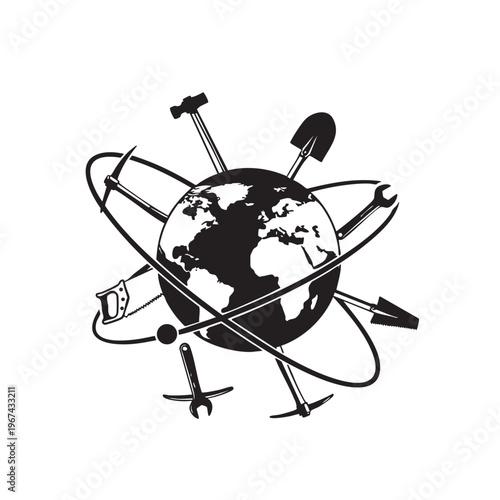 Global labor concept vector illustration with world globe surrounded by various manual tools like shovel hammer saw and wrench symbolizing international industry and craft work