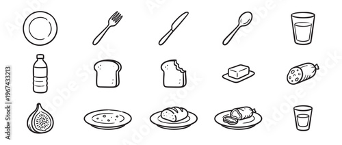Collection of hand-drawn food and kitchen utensil icons, including a plate, fork, knife, spoon, glass, bottle, bread, butter, sausage, fig, and soup