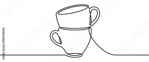 Two stacked coffee cups are depicted in a continuous single line drawing, creating a minimalist and artistic illustration