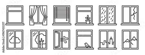 Collection of twelve simple black outline window icons depicting various scenes and conditions, from curtains to mountains