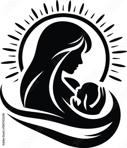 Silhouette Illustration of a Mother Nursing Her Baby with a Sunburst Halo