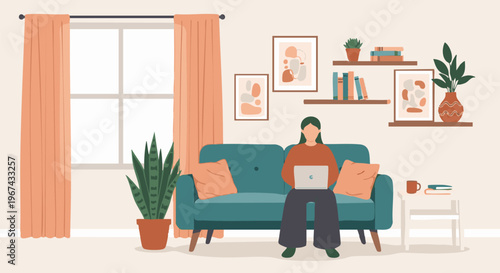 Woman on sofa with laptop, remote work in a cozy living room at home