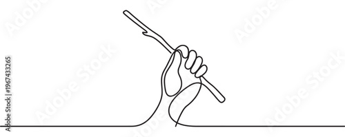 Minimalist continuous line drawing depicts a hand firmly grasping a slender wooden stick in a simple, elegant style