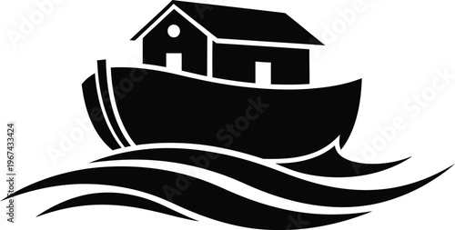 Minimal Noah’s Ark Boat Icon in Sea Waves – Black and White Religious Vector Illustration