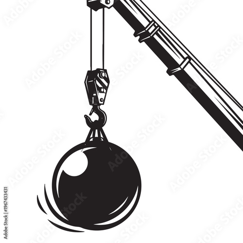Wrecking ball vector black and white illustration showing demolition tool swinging from crane on construction site