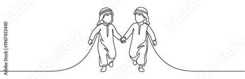 Two young Arab children wearing traditional thobes and headscarves are holding hands and walking forward in a continuous line drawing style