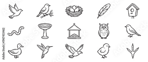 Collection of hand-drawn black and white bird and bird-related icons, including various birds, nests, feathers, and birdhouses, in a simple doodle style