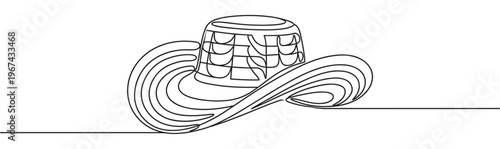 Single continuous line drawing of a classic cowboy hat with a wide brim, depicted in a minimalist black and white style