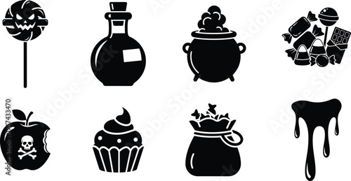 Halloween silhouette icon collection featuring spooky sweets poison apple and magic potion