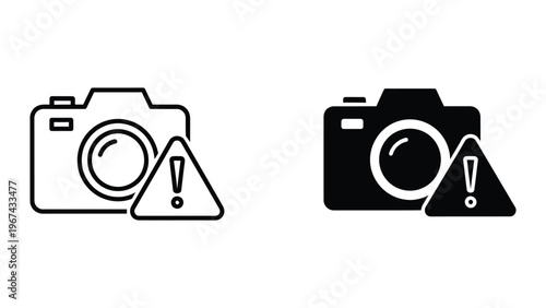 Comparison of a traditional and modern camera with warning symbols attached