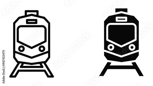 Two opposing black and white tram icons facing each other on tracks