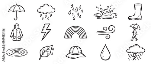 Collection of hand-drawn doodle icons depicting various weather elements and rainy day accessories in a simple, artistic style