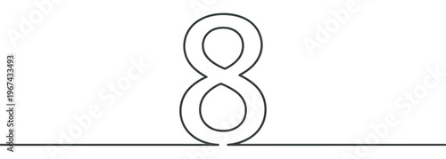 Continuous line drawing of the number eight in a minimalist style, rendered with clean, dark gray strokes on a bright white surface