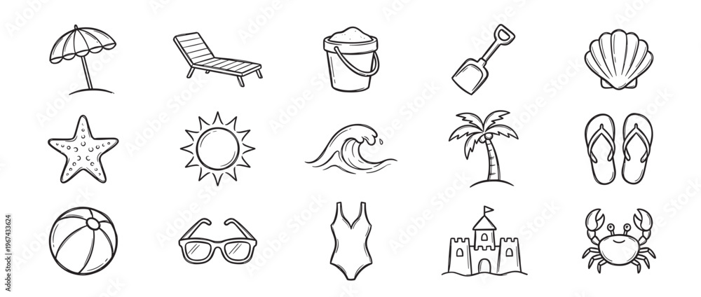 Fototapeta premium Collection of hand-drawn black and white doodle icons depicting various summer and beach-related objects, presented in a clean, illustrative style