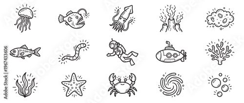 Collection of fifteen hand-drawn deep sea creatures and ocean elements in a simple, black and white doodle style
